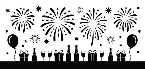 Celebration scene with fireworks champagne bottles gifts balloons and stars
