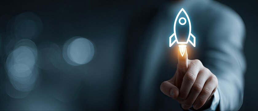 A hand pointing at a glowing rocket icon, suggesting innovation and launch