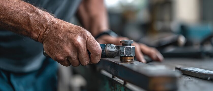 Closeup of mature man using pneumatic tool in workshop Concept of manual labor, metalworking, and craftsmanship