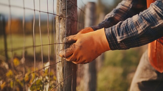 Farmer installs wire fence on farm. Man wearing orange protective gloves, works with hands. Agricultural concept, farm work, rural scene, close-up shot. Building fence, outdoor work, ranching - Powered by Adobe