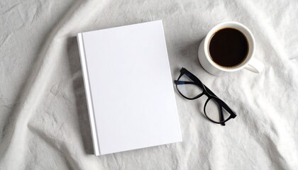 Minimalist Book Cover Mockup with White Wrap Coffee and Glasses on White Surface