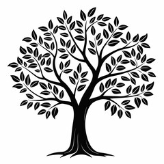 Obraz premium Silhouette of a lush tree with dense foliage and intricate branches isolated on white