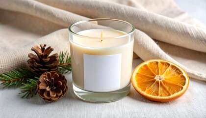 Minimalist Candle Mockup With Blank Label Pine Cone and Dried Orange Slice