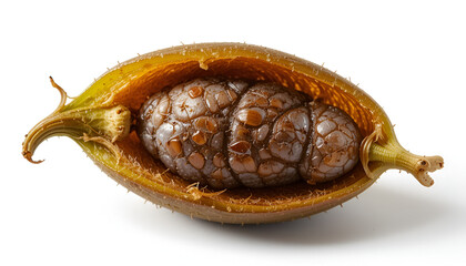 Extreme close-up macro photograph of a slug emerging from a split seed pod, detailed natural texture, unusual wildlife and nature concept, isolated on white background, studio lighting, high realism.