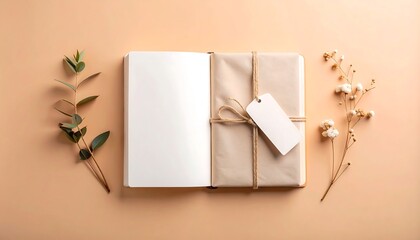 Minimalist Fabric Wrapped Notebook With Blank Label Tag and Peach Background