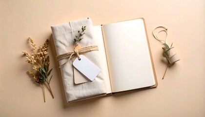 Minimalist Fabric Wrapped Notebook with Blank Tag on Beige Surface