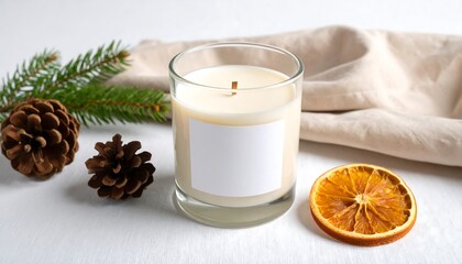 Minimalist Glass Candle Mockup With Blank Label Pine Cones And Orange Slice