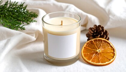 Minimalist Glass Candle Mockup With Blank Label Pinecone and Orange Slice