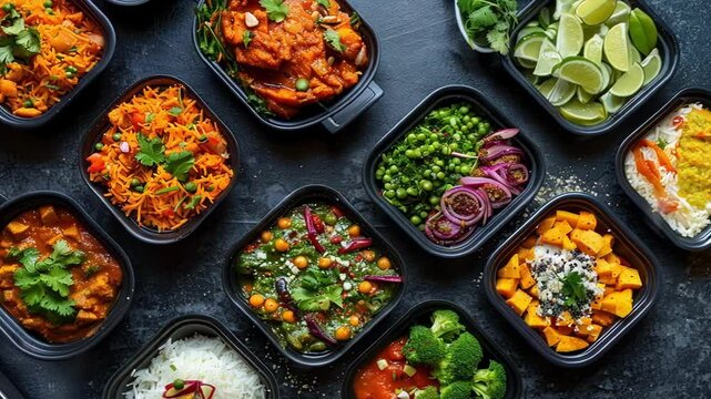 Selection of delicious indian food in takeaway containers is ready to be enjoyed. The variety of colors and flavors creates a feast for the eyes and the palate