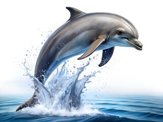 A dolphin leaps out of the water isolated on white background
