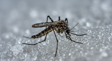 Extreme macro photo of a mosquito resting on a frozen surface.