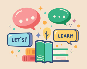 Colorful Illustration of Books and Speech Bubbles Encouraging Learning and Education in a Fun Way
