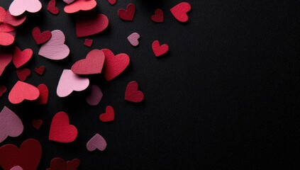 Paper hearts cascade on black