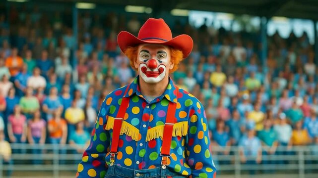Exciting rodeo event featuring a clown entertainer captivating the audience with humor and energy in vibrant attire