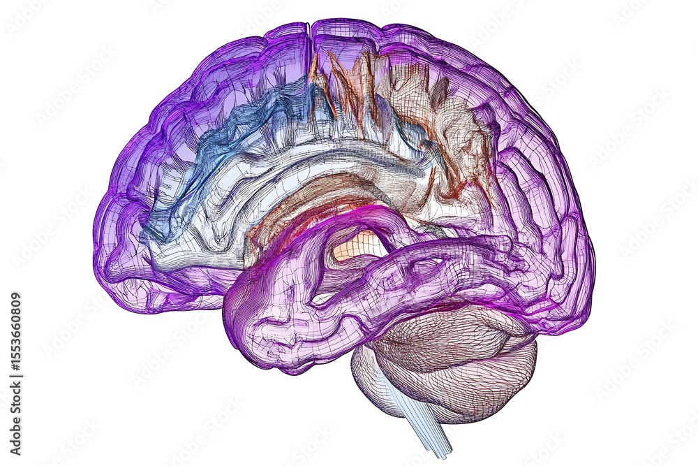 Poster illustration of the brain’s frontal lobe, with clear demarcations of regions responsible for cogniti