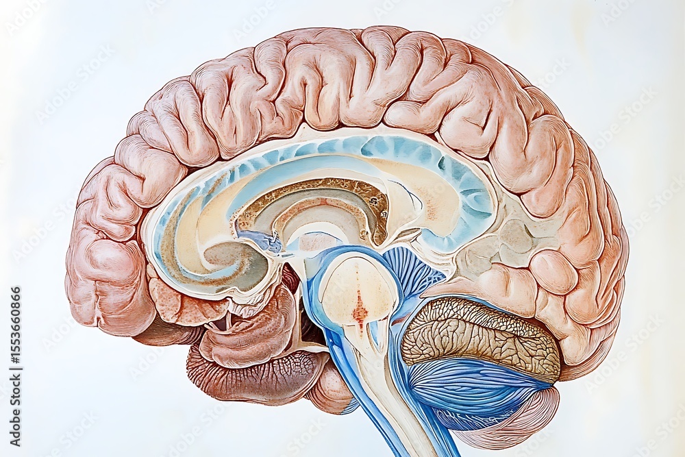 Poster illustration of the brain’s frontal lobe, with clear demarcations of regions responsible for cogniti