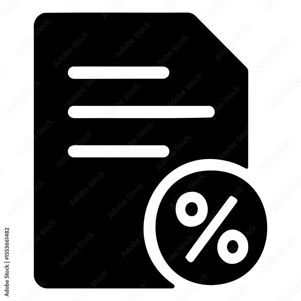 Poster black and white graphic of a document with text lines and a percentage symbol overlayed on it on tra