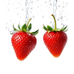 Two Ripe Strawberries Splashed with Water Against a Clean White Background