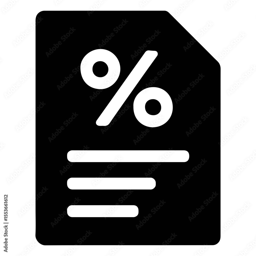 Poster depicting a black document with a white percentage symbol and three horizontal lines on it on transp