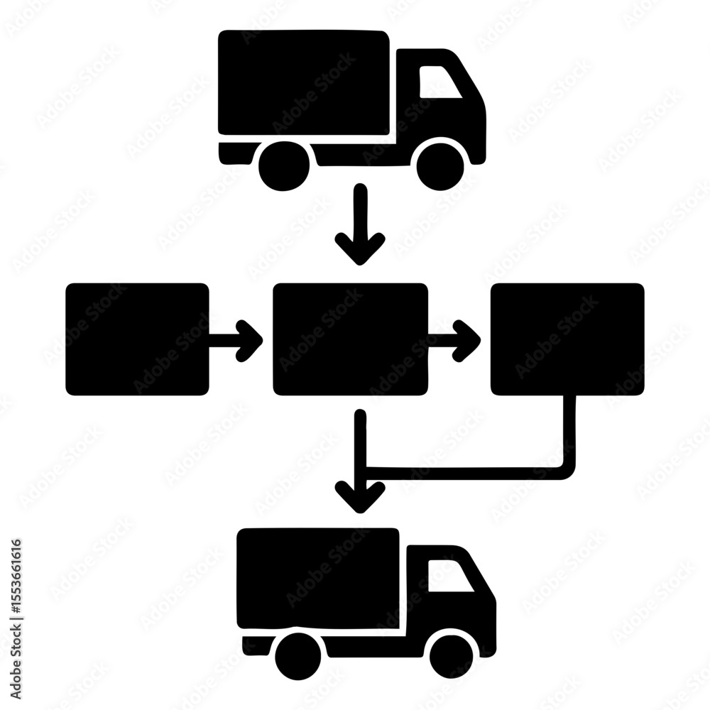 Poster flowchart showing a delivery process with trucks and boxes connected by arrows in black color on tra
