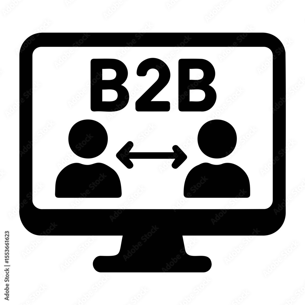 Poster illustration of a computer screen displaying b2b with two people and arrows between them on transpar