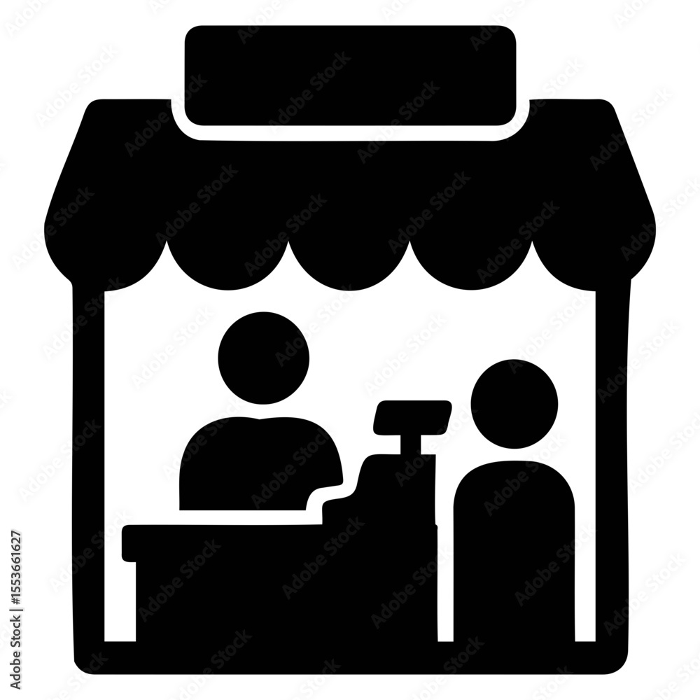 Poster illustration of a small shop with an awning and two figures inside standing near counter on transpar