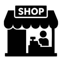 Illustration of a shop with a person behind the counter and a shop sign above the entrance on transparent background