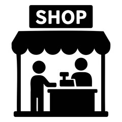 Illustration of a shop with a customer and shopkeeper in black and white silhouette style on transparent background