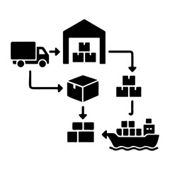 Illustration of a supply chain process showing truck warehouse box and ship transportation flow on transparent background