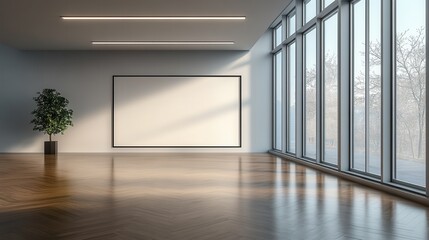 Modern office mockup featuring a blank wall, large windows, and natural sunlight in a spacious and serene environment