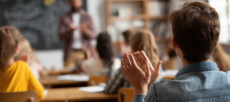 Teacher Encouraging Student with Applause in Positive Classroom Setting