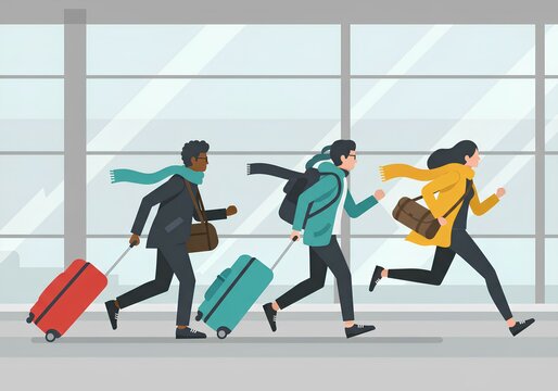 Four travelers rushing through an airport terminal with luggage.