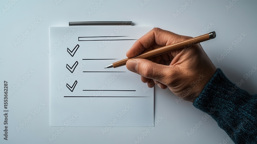 Poster completing a checklist with a pen on a paper while using futuristic technology for education