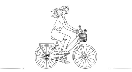 Young woman riding bicycle with flowers in basket in minimal style  