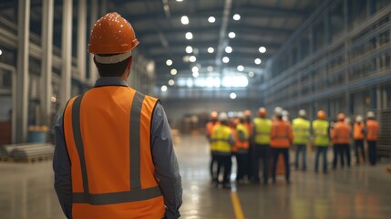 Industrial workers gather in large warehouse for safety training. Workers wear safety vests, hard hats. Instructor guides training. Group listens attentively. Pro training session on safety