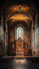 Fototapeta premium AI generator images of Ornamented Interior of Church, Abstract church interior with colorful stained glass windows and reflections, Interior of a church