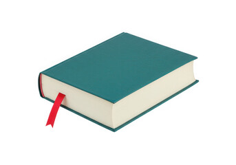Teal hardcover book with red ribbon bookmark isolated on transparent background