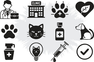 Editable Vet set or collection of icons doctor, dog, cat, veterinary doctor, hospital, treatment, vaccine. White background. EPS 10