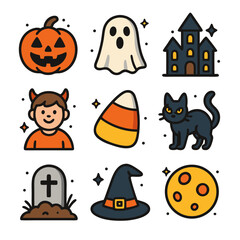 Collection of Halloween icons like pumpkin, ghost, and cat. Suitable for spooky themed designs and holiday graphics projects.