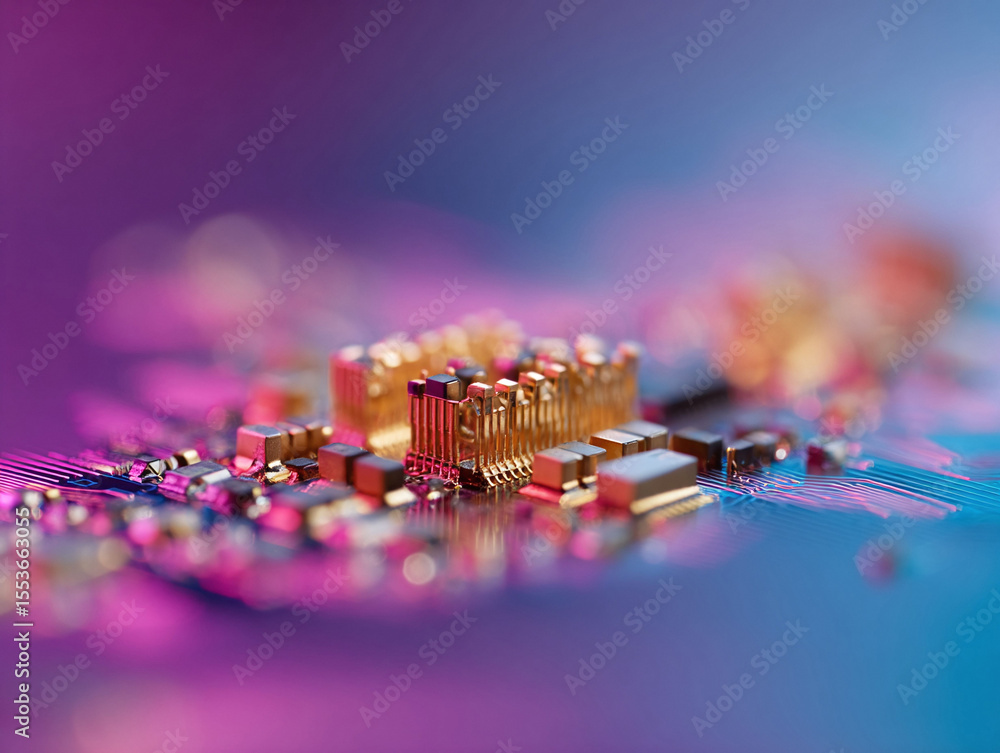 Poster macro shot of a circuit board with electronic components. abstract technology background with vibran