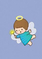Adorable Flying Baby Angels . Cute  Boy with Halo, Wings and Magic Wand. cozy illustration .