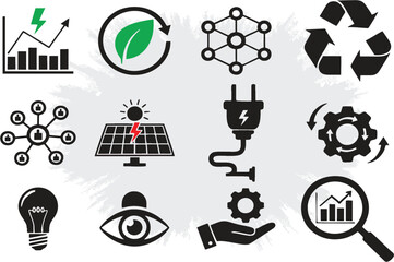 Editable Icons set for energy sector, media and news channels. Graph, power generation, recycling, solar power and green energy. EPS 10