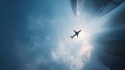 Airplane soaring between modern skyscrapers under a partly cloudy sky. Symbolizes ambition, travel, and new beginnings. Ideal for corporate, finance, or inspirational content.