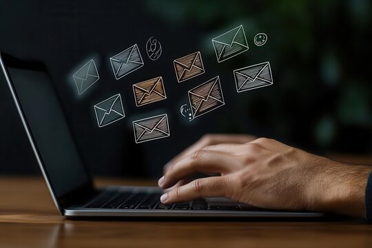 Professional digital marketing expert managing multiple email newsletters for customer outreach and engagement in a cozy workspace