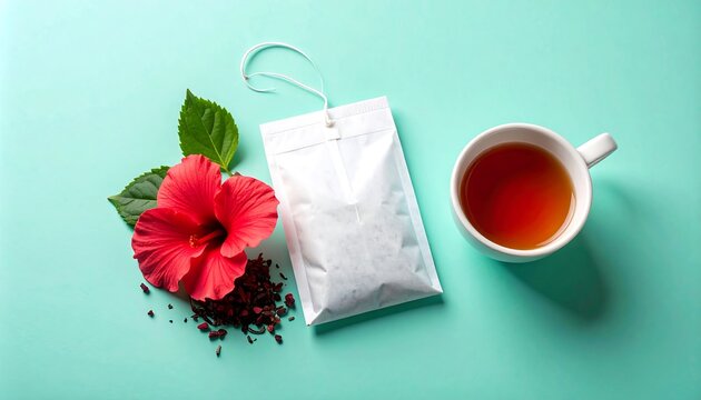 Mockup Tea Bag Hibiscus Flower Tea Cup And Leaves On Turquoise Surface