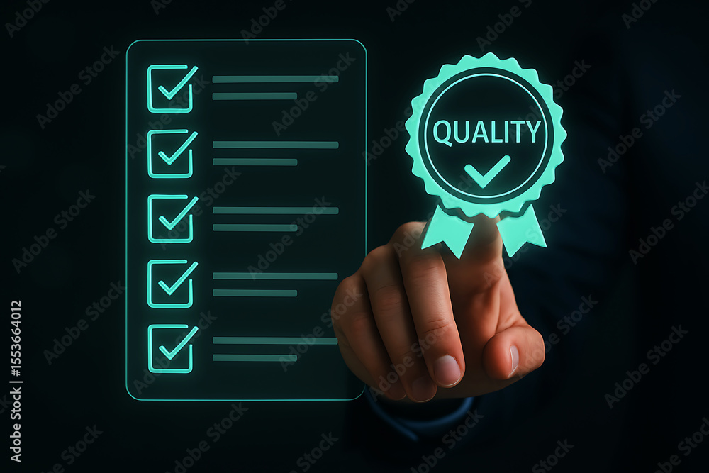 Poster hand touching a digital checklist and quality assurance badge with checkmark