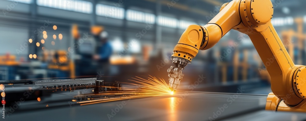 Poster technician works with robotic arms in a modern factory setting during the day
