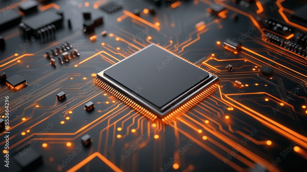 Aufkleber detailed view of a microchip on a motherboard with vivid circuit connections and glowing elements