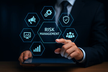 Businessman interacting with digital risk management interface on tablet computer