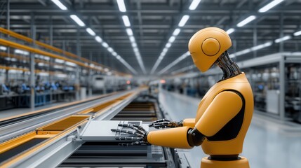 Obraz premium Humanoid robot operating assembly line in automation factory during daytime production